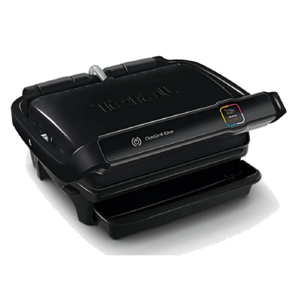 Schwarzer Tefal Optigrill Elite Kontaktgrill mit automatischem Display und Fettauffangschale.