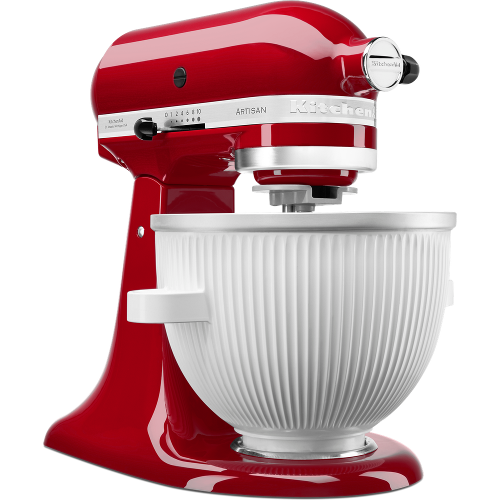Seitenprofil der KitchenAid 5KSMICM0 Speiseeismaschine zur Veranschaulichung der passgenauen Montage am Schüsselhalter.