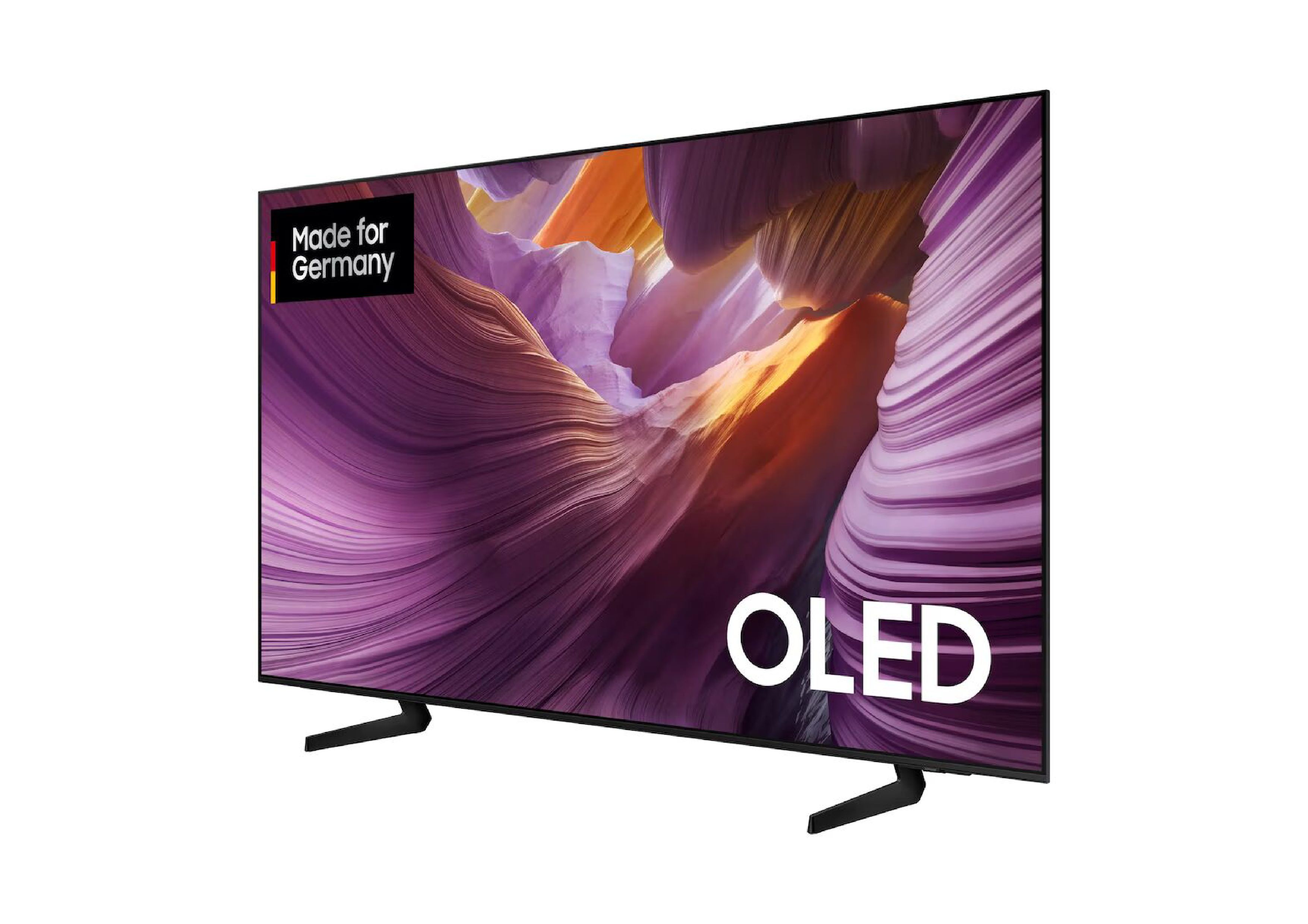 Side perspective of the slim Samsung OLED TV on black stands.