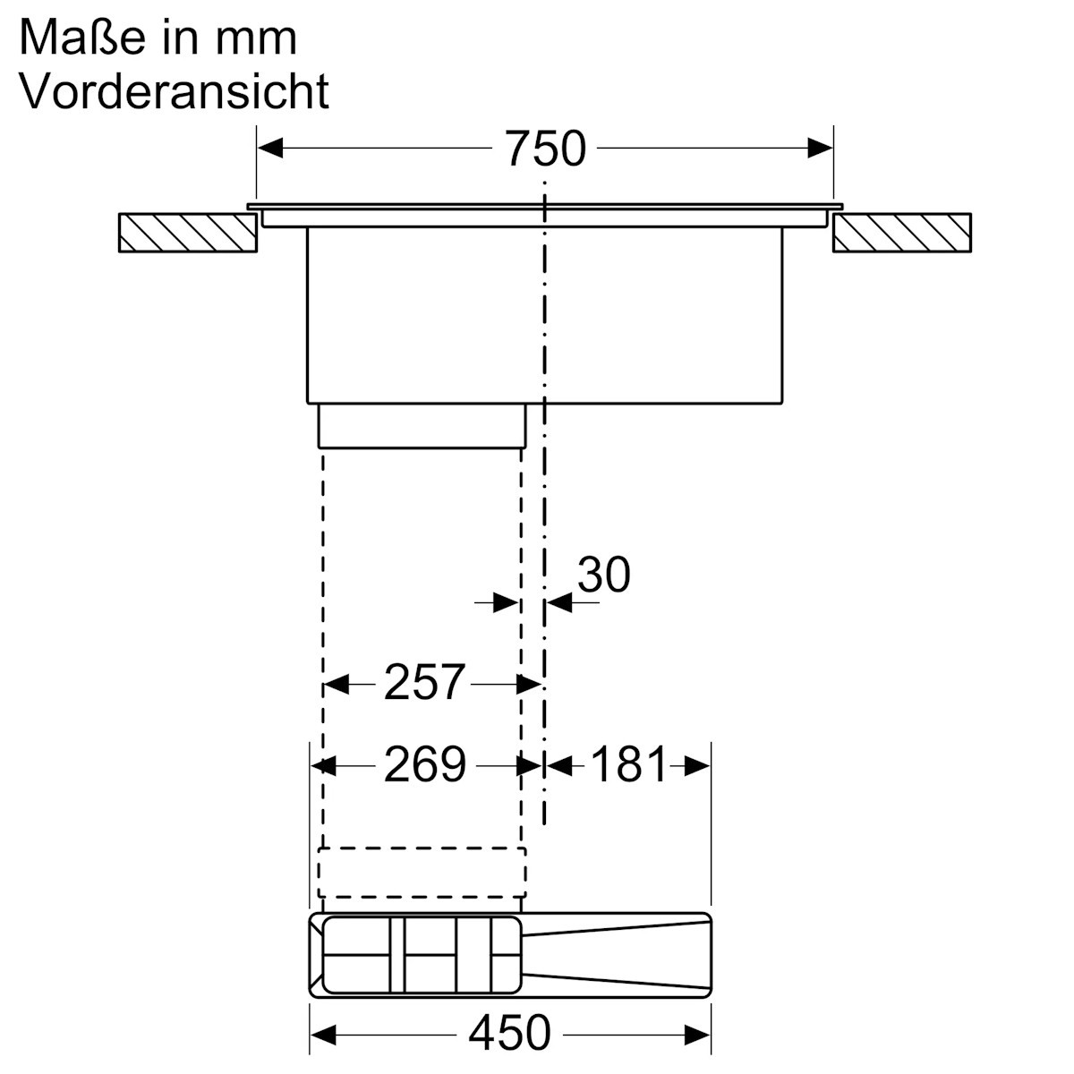 Detail drawing of cutout edges and minimum worktop thickness for flush-mount installation.