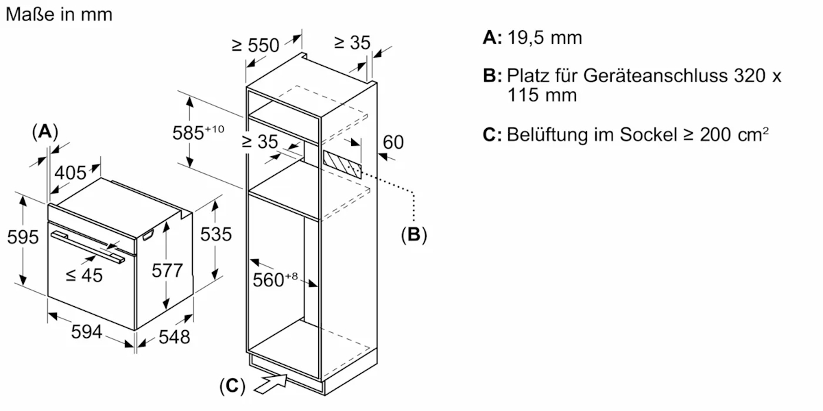 Bosch HMG776NB1 – Einbaumaße und Gerätemaße (Technische Zeichnung)