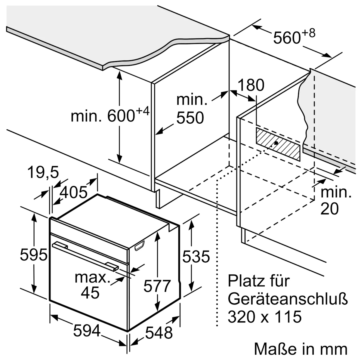 Maßzeichnung Bosch HMG776NB1: Gerätemaße H 595 × B 594 × T 548 mm, Nischenhöhe 585–595 mm, Nischenbreite 560–568 mm, Nischentiefe 550 mm