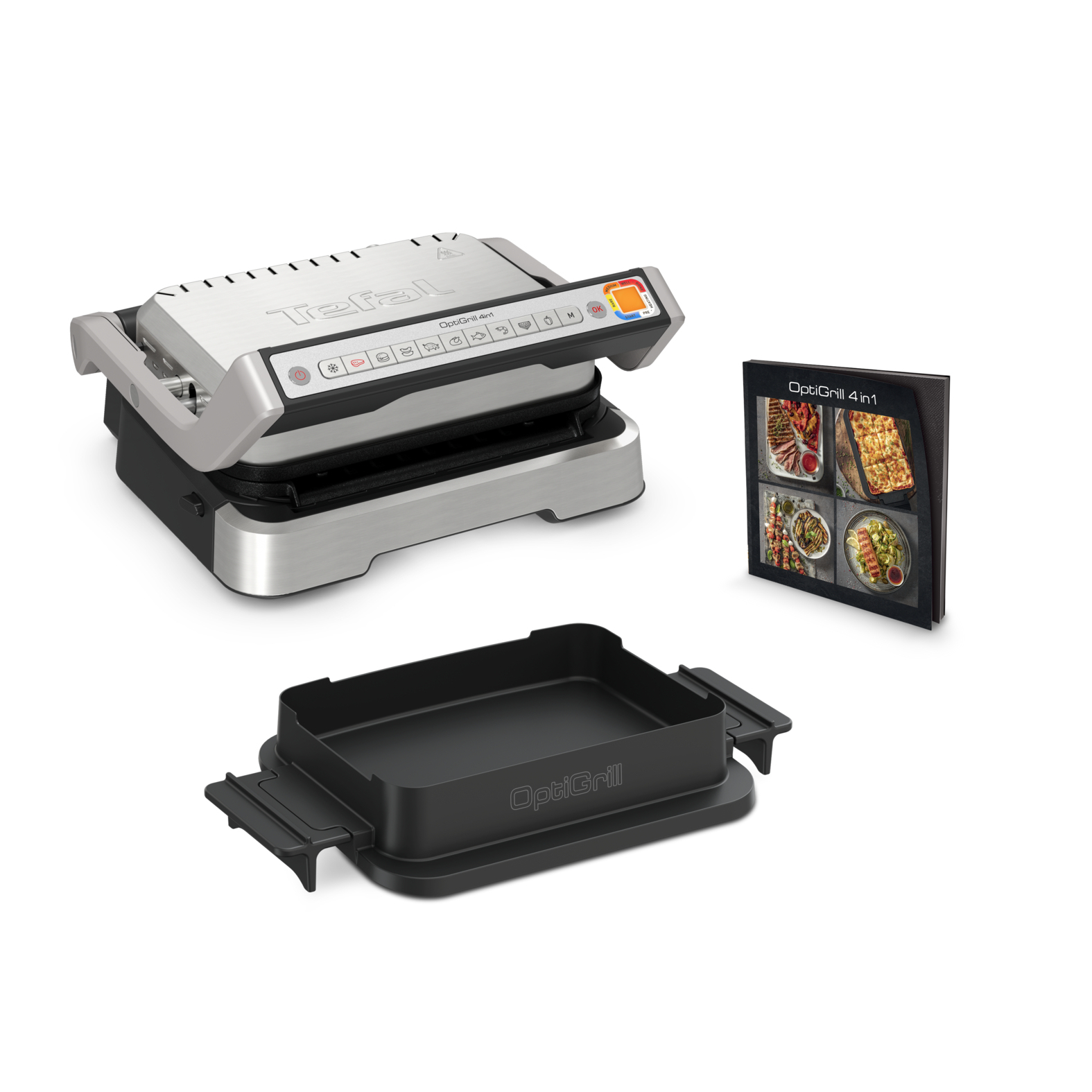 Tefal OptiGrill 4-in-1 with baking tray and an accompanying recipe book on a white background