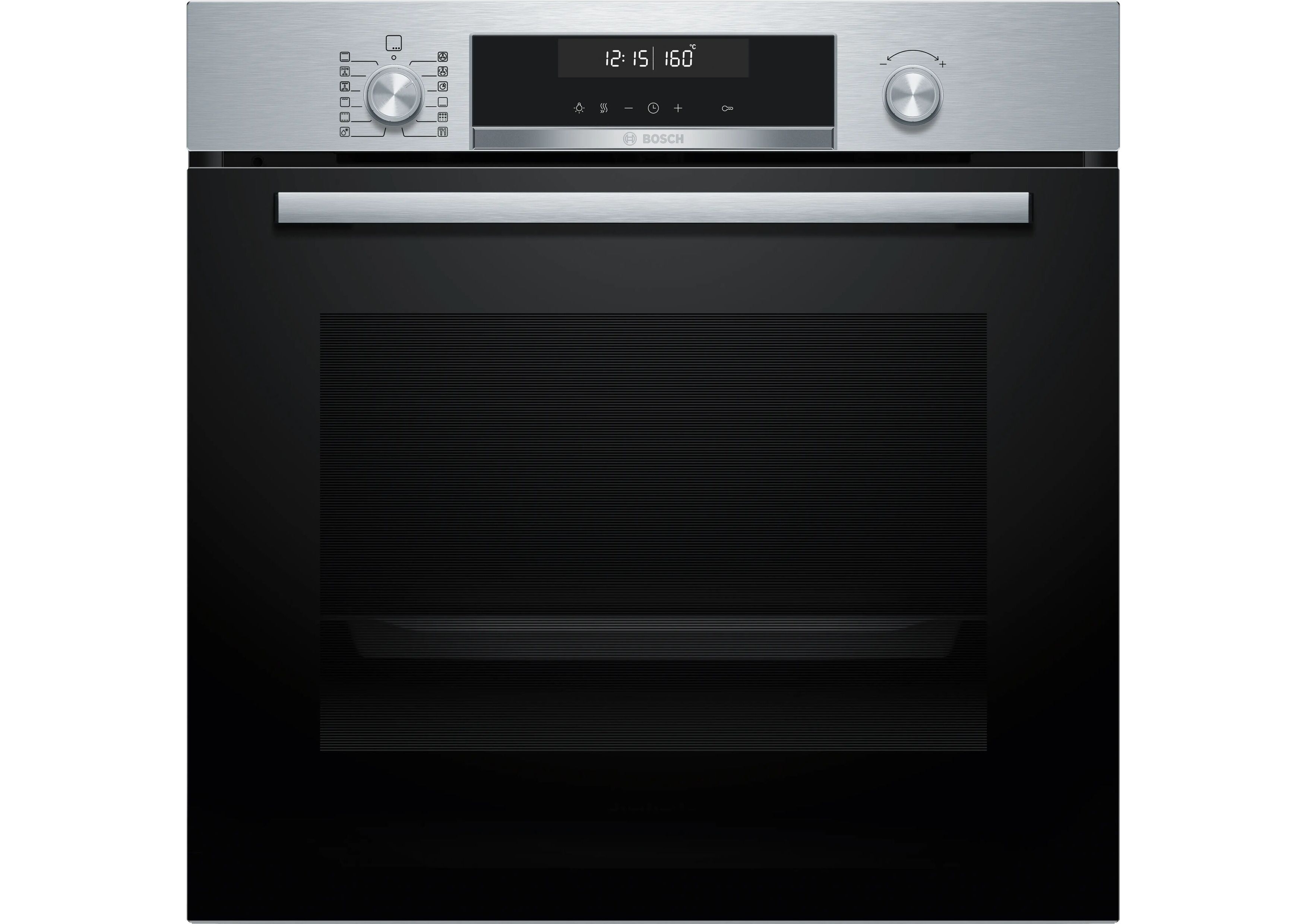 Front view of the closed Bosch built-in oven HBG578ES3 in stainless steel and black