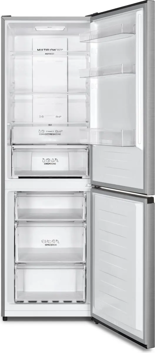 Geöffnete Gorenje N619EAXL4 mit MultiFlow360° NoFrost, ConvertFreshZone, CrispZone und SpaceBox-Schubladen im Gefrierteil