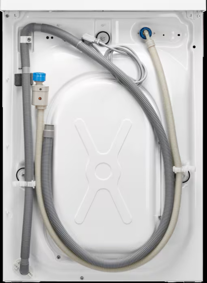 Rückansicht der AEG L6FBA51680 mit Wasserzulauf, Ablaufschlauch und Netzkabel.