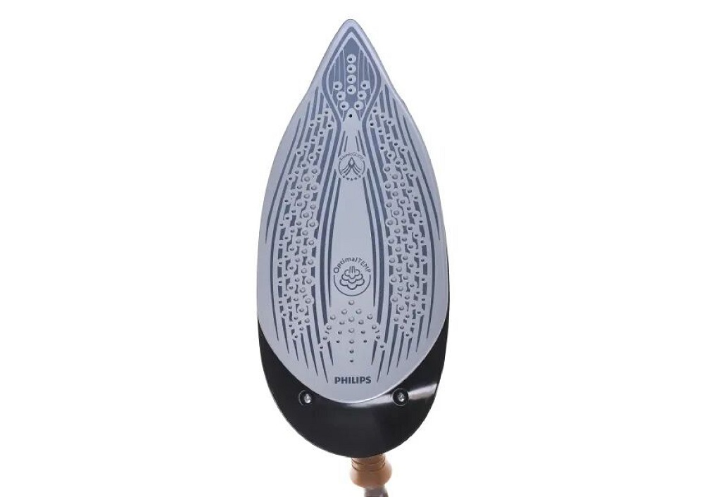 Ansicht der T-ionicGlide Bügelsohle mit Dampfaustrittsöffnungen und OptimalTEMP Logo