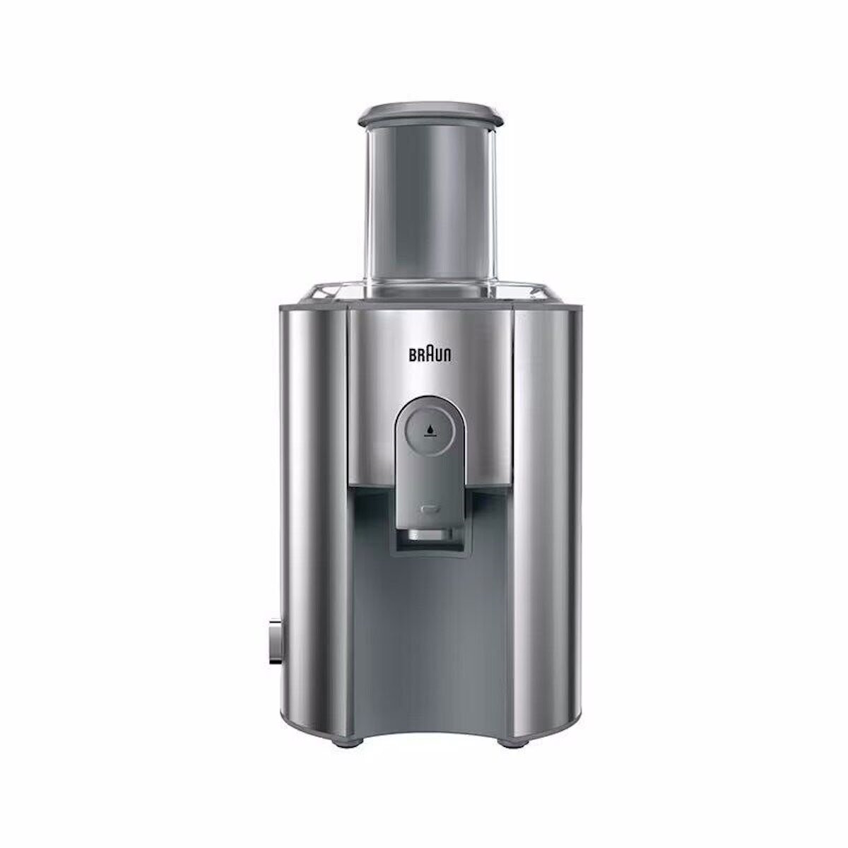 Vorderansicht des Braun J700 Entsafters mit sichtbarem Saftauslauf