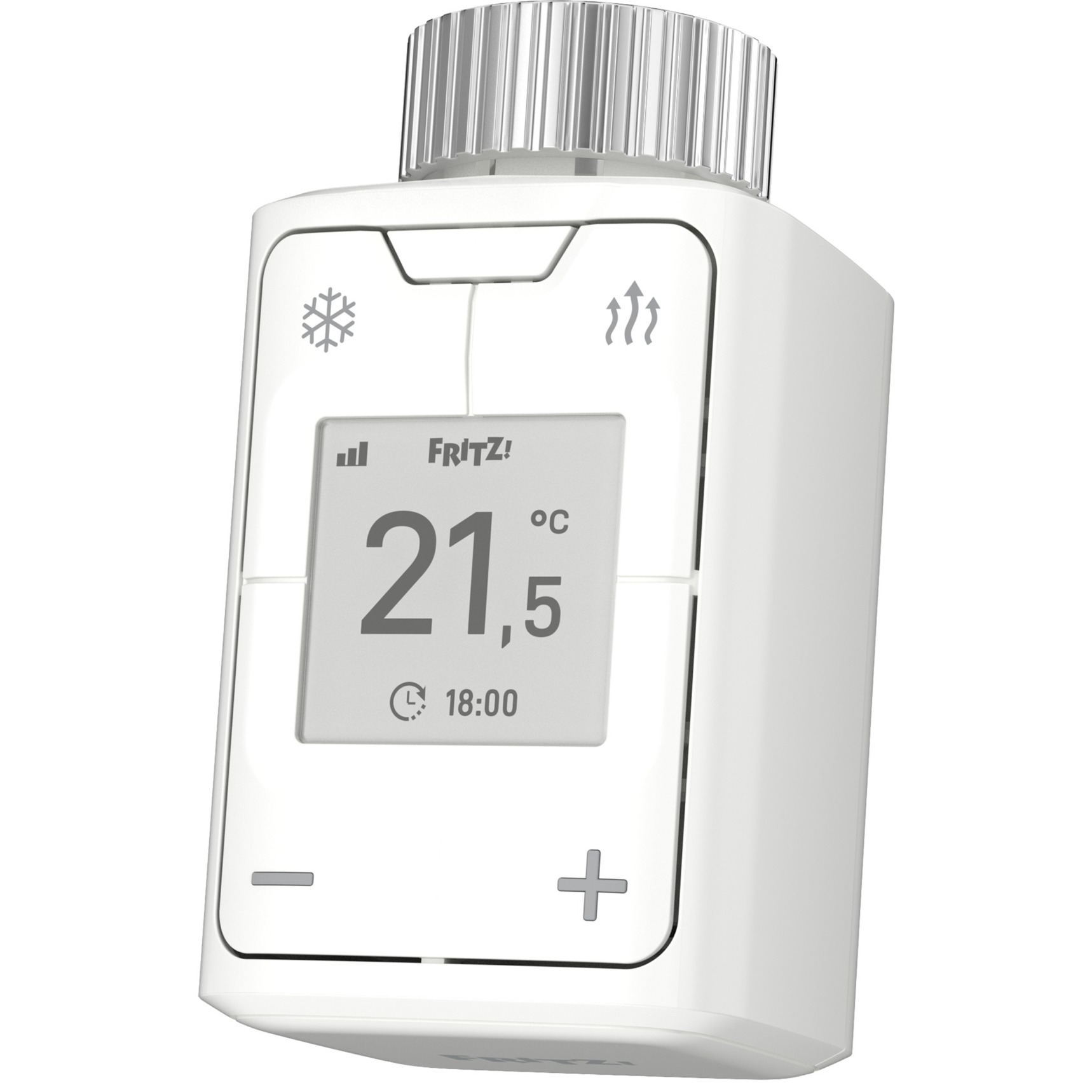 Seitliche Ansicht des AVM FRITZ! DECT 302 Heizungsthermostats in Weiß, Bedienelemente erkennbar.