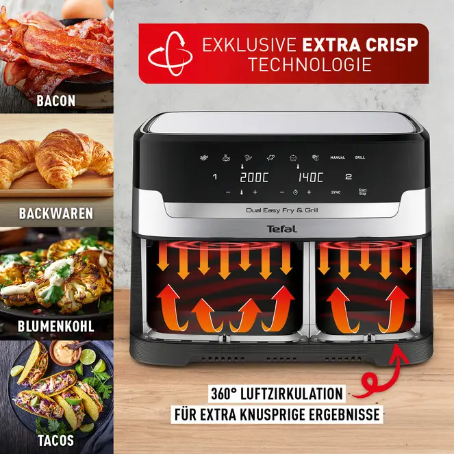 TEFAL EY905D Dual Easy Fry & Grill Heißluftfritteuse, 8.3 L, Edelstahl