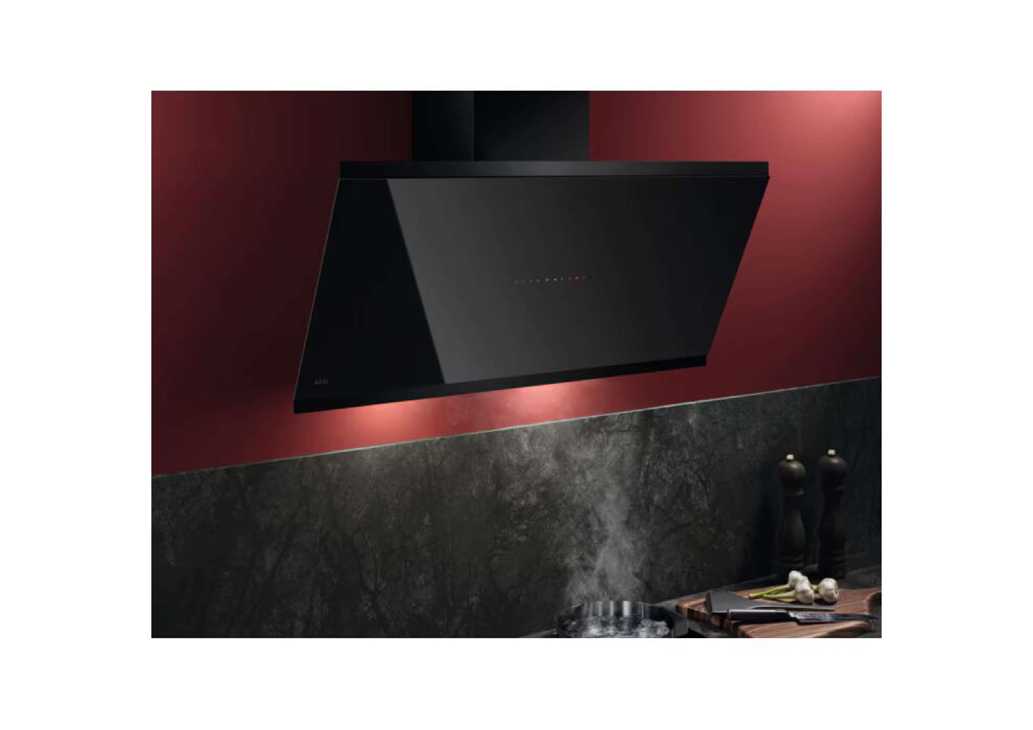 The black AEG wall hood in a modern kitchen against a dark red wall, illuminating a hob with a steaming pot.