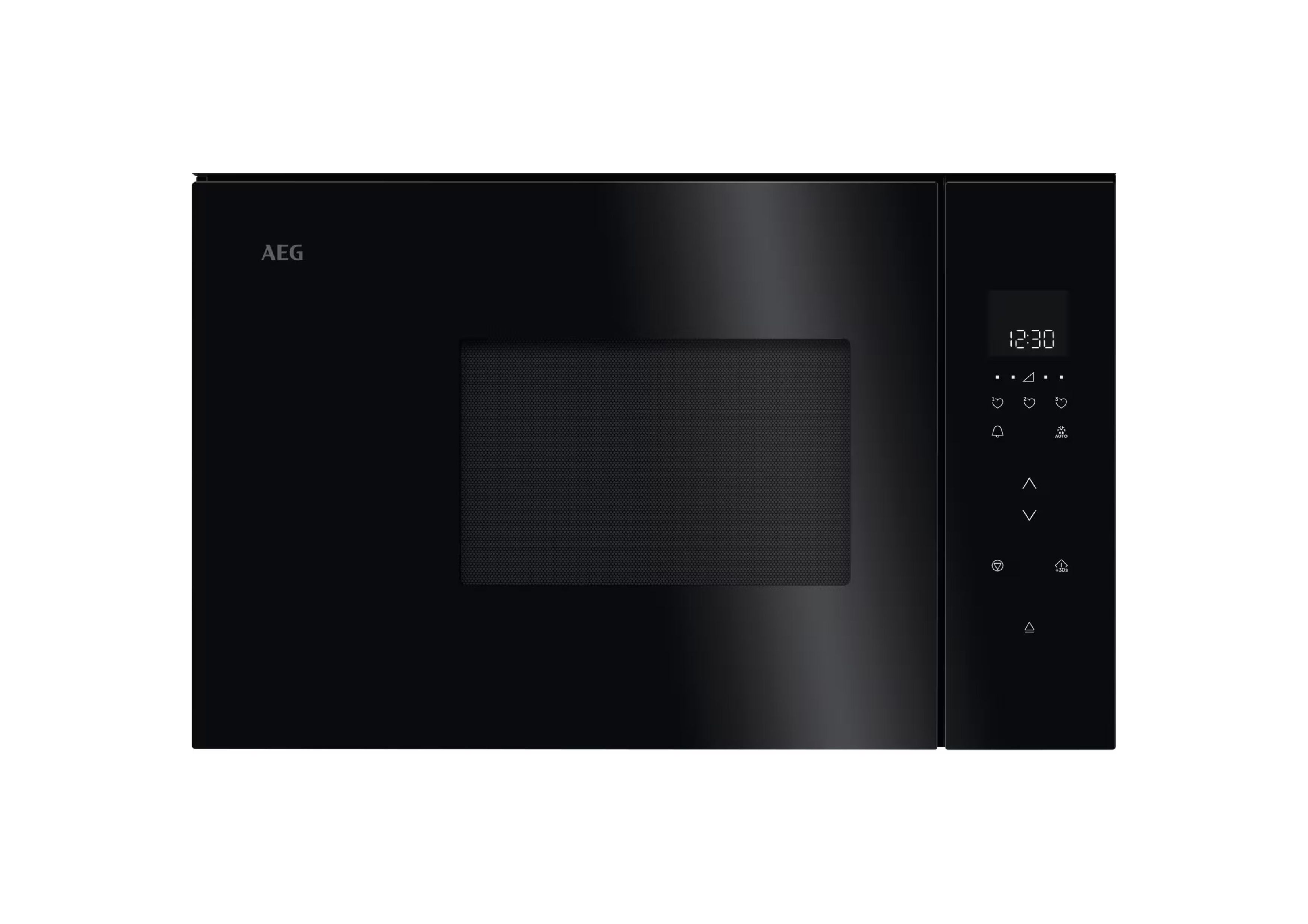 Front view of a black AEG built-in microwave with digital touch control panel