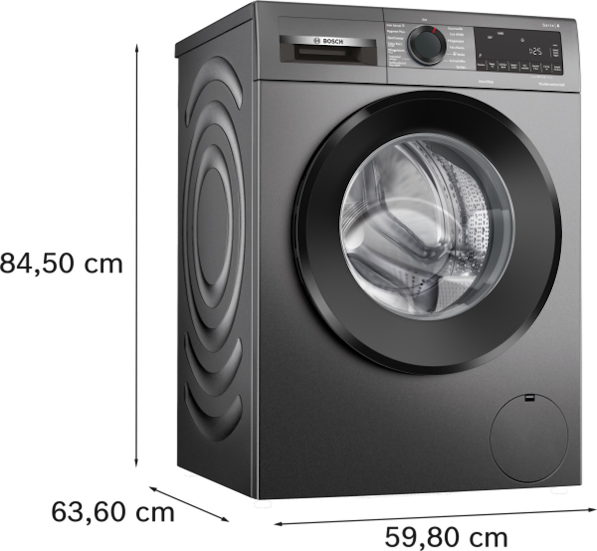 Detaillierte Maßgrafik mit Gerätehöhe (84,5 cm), Breite (59,8 cm) und Tiefe (59 cm).