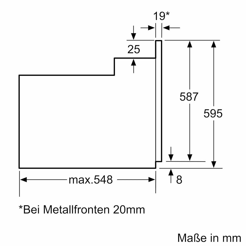 Technical drawing of the Bosch HBF010BA1 showing installation dimensions: height 595 mm, niche height 587 mm, niche width max. 548 mm
