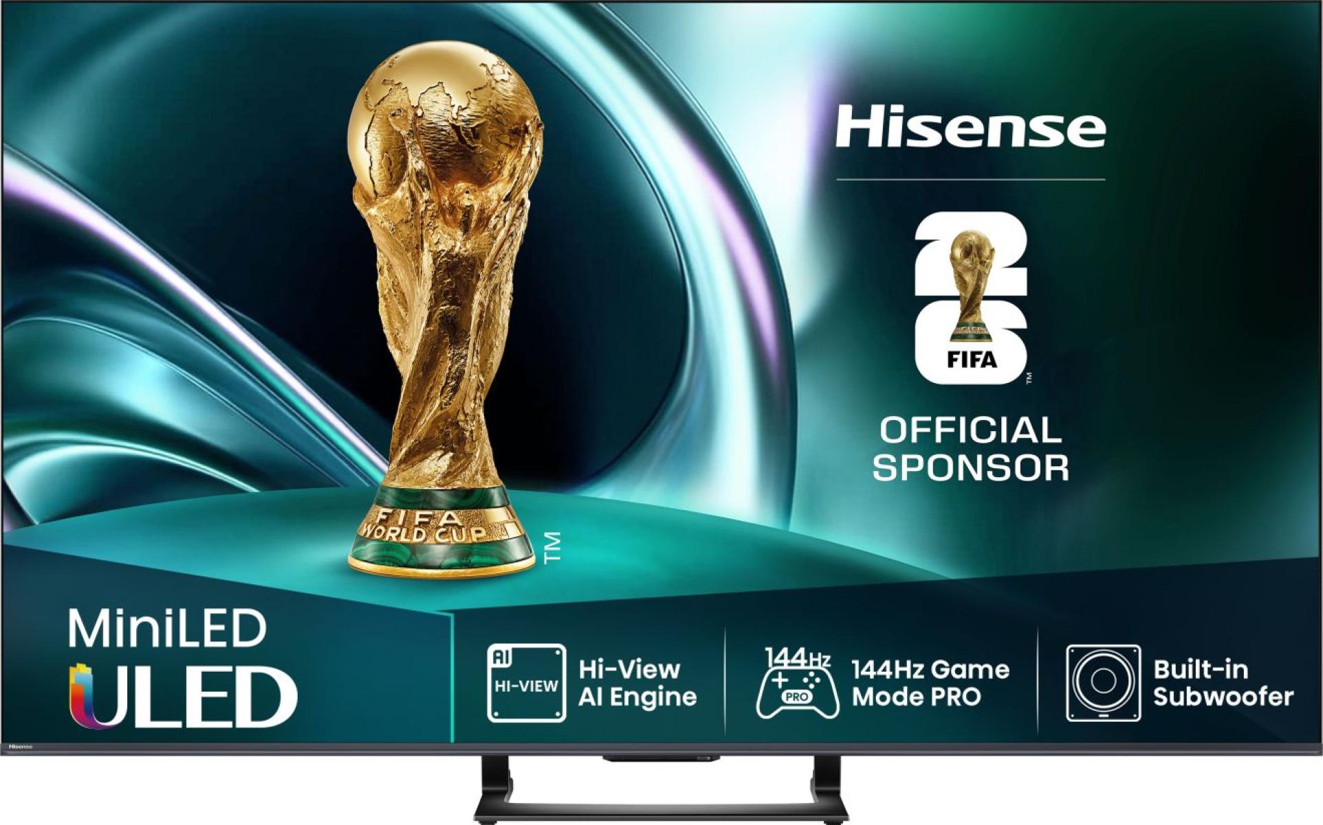 Hisense Fernseher mit FIFA-Pokal auf dem Display und Logos der wichtigsten technischen Highlights.