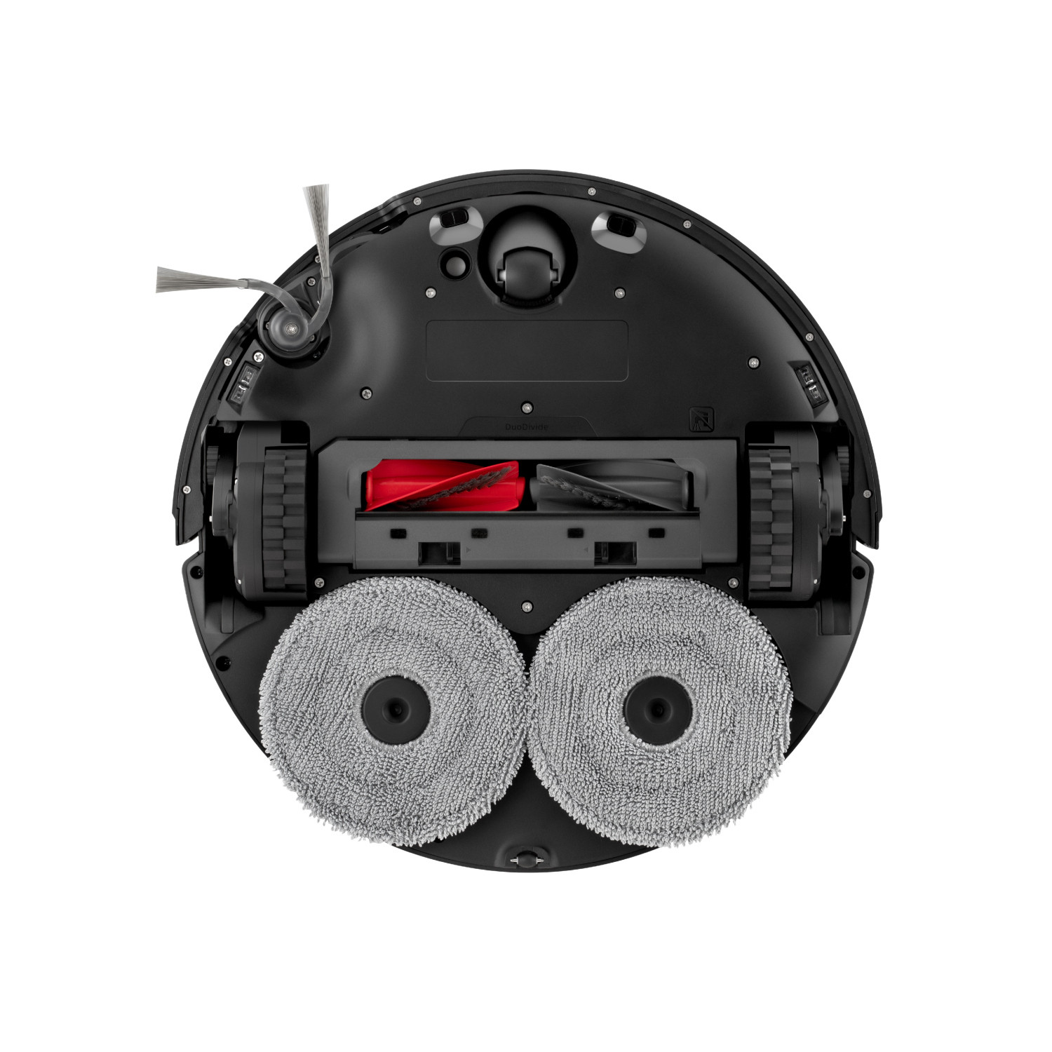 Unterseite des Roborock Saros 20X Black mit DuoDivide-Hauptbürsten und rotierenden Wischmopps.
