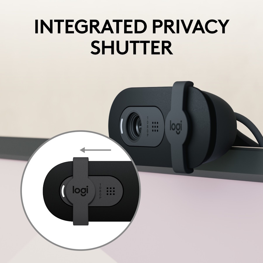 Logitech BRIO 100 with closed privacy shutter.