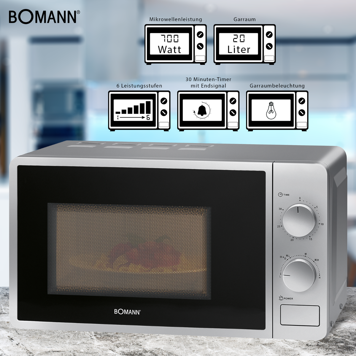 Bomann MW 6014 CB Microwave 20 Liters | 700 Watt Power | With Glass Turntable (Ø 24.5 cm) | 6 Power Levels | White & Silver