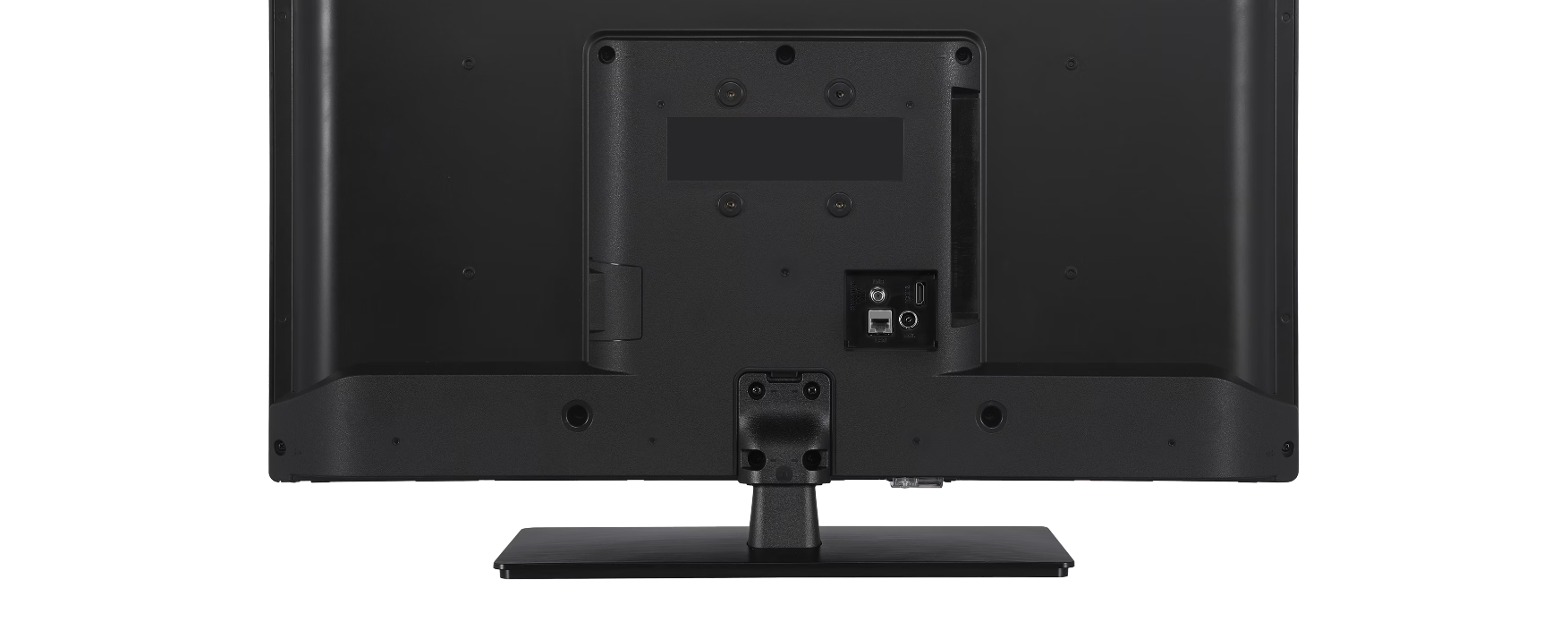 Rückansicht des Fernsehers mit Fokus auf die zentralen Anschlüsse und die VESA-Halterung.