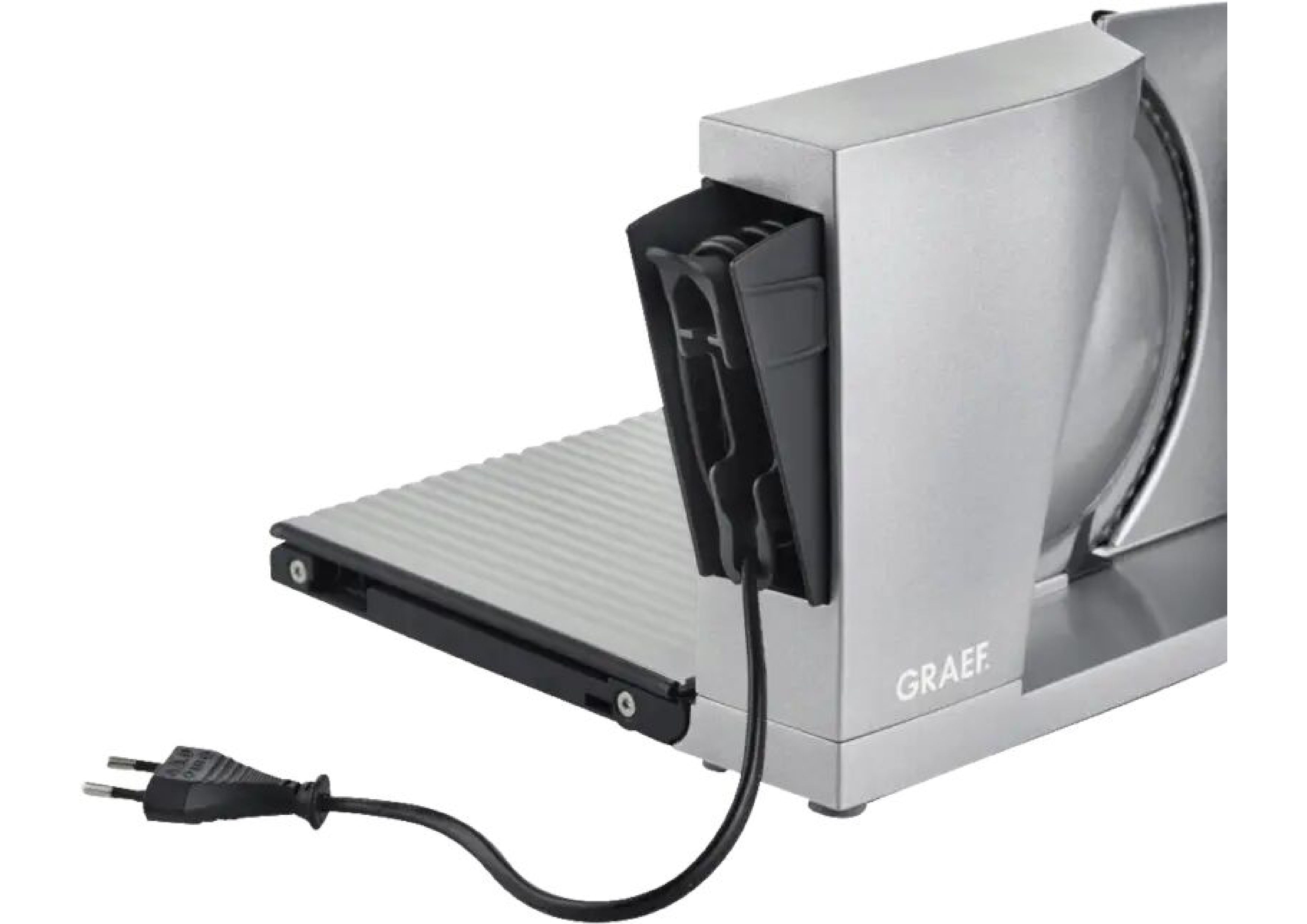 Back of the silver housing with the power cord and Graef logo