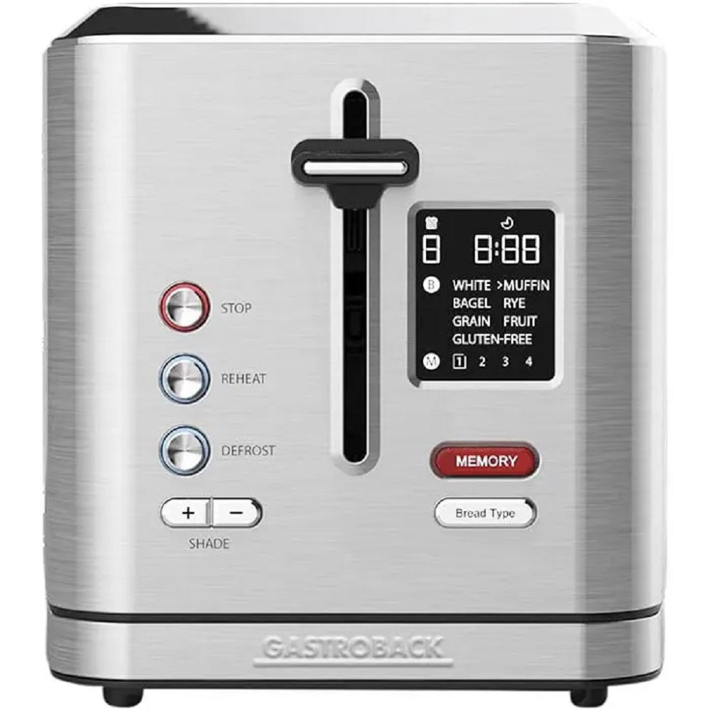 Frontansicht des Gastroback 2-Scheiben-Toasters im Edelstahl-Design mit Digital-Display und Bedienknöpfen.