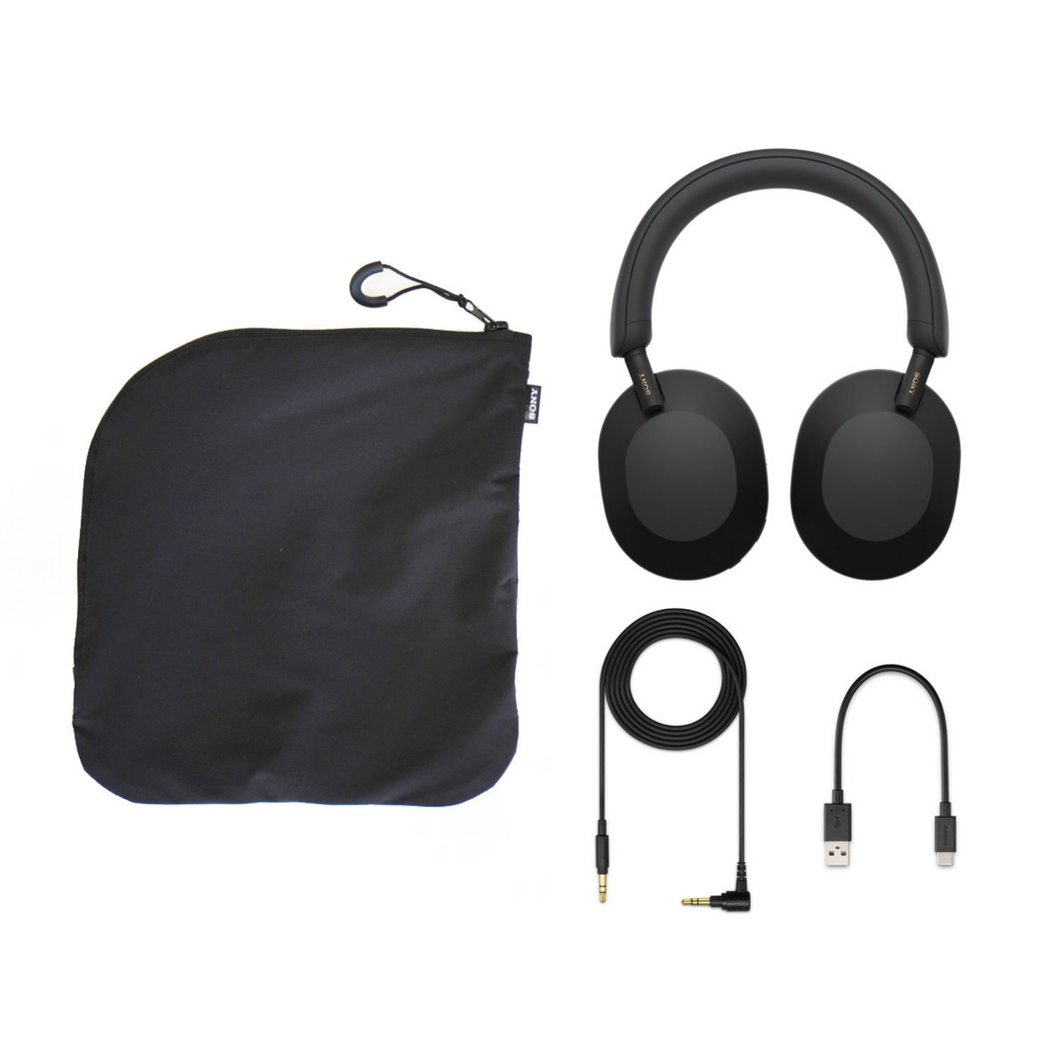 Lieferumfang Sony WH-1000XM5: Kopfhörer, zusammenfaltbares Etui, Klinkenkabel und USB-C Ladekabel