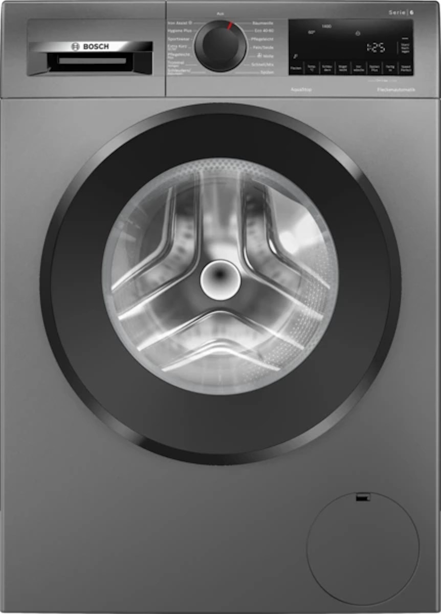 Frontansicht der Bosch Serie 6 Waschmaschine in elegantem Grau mit 9kg Trommel.