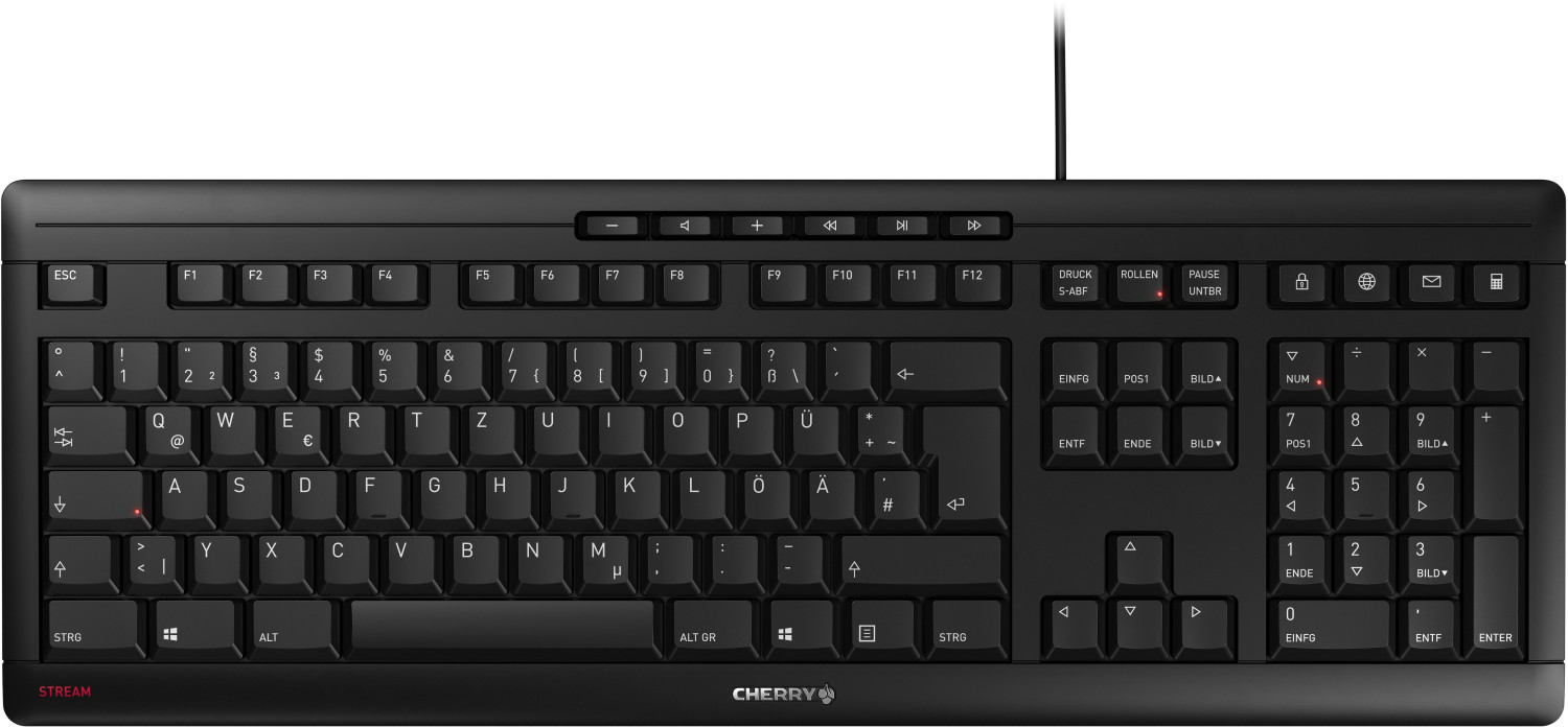 1-black-de CHERRY Stream Keyboard: Hochwertige Tastatur in elegantem Schwarz mit strapazierfähigem Design.