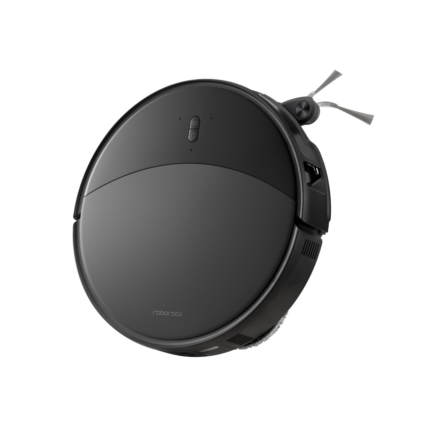 Draufsicht des schwarzen Roborock Saros 20X Saugroboters mit ausfahrbarer FlexiArm-Seitenbürste.