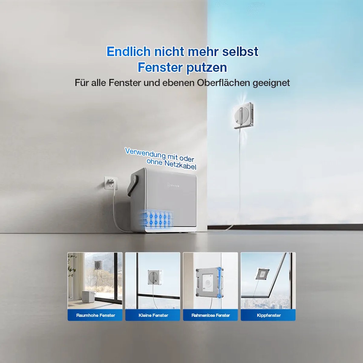 Ecovacs WINBOT W2S OMNI with OMNI Station – battery-powered window cleaning robot in use