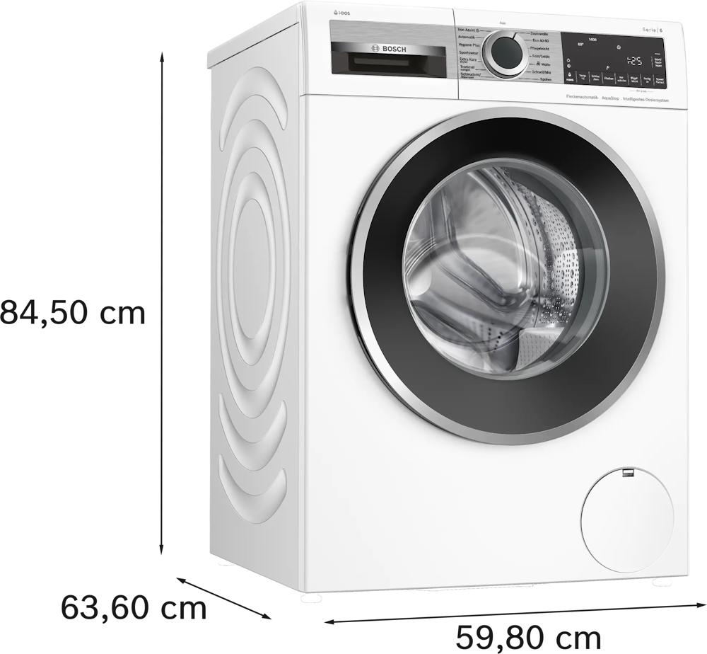 Technische Zeichnung der Bosch WGG244F40 mit Maßangaben: 84,5 cm Höhe, 59,8 cm Breite, 63,6 cm Tiefe