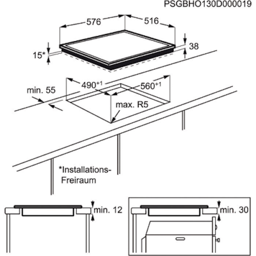 Technische Skizze mit Abmessungen (576 x 516 mm) für den Einbau.