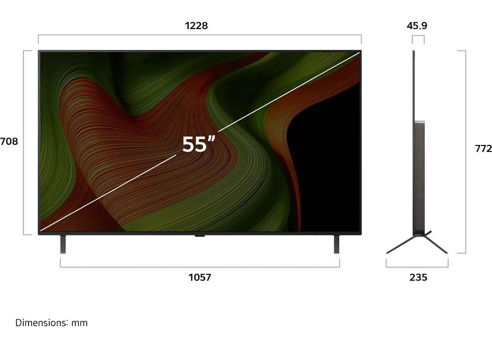 Eine Maßzeichnung eines 55 Zoll LG OLED TV mit genauen Breiten-, Höhen- und Tiefenbezeichnungen in Millimetern.
