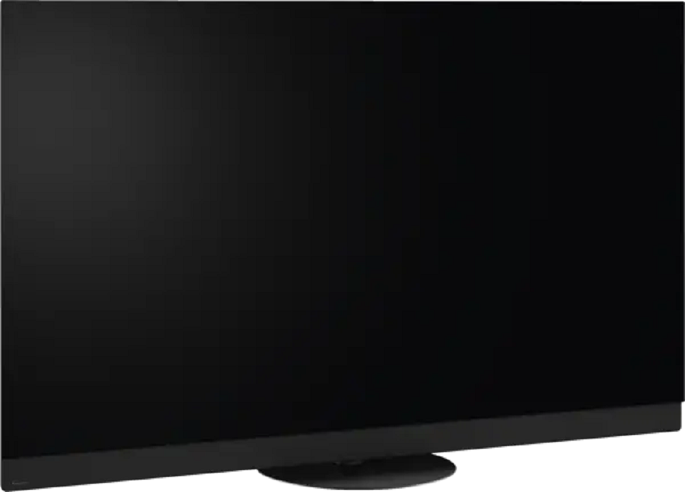 Seitenansicht des Fernsehers, die das extrem dünne Panel und den dezenten Standfuß des Panasonic OLED TV zeigt.