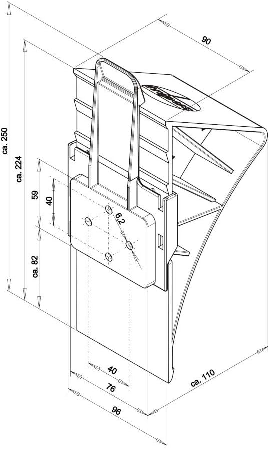 Tripus Unterlegkeil mit Halter – technische Zeichnung mit Maßen Technische Zeichnung des Tripus Unterlegkeils mit Wandhalterung und Maßangaben in Millimetern