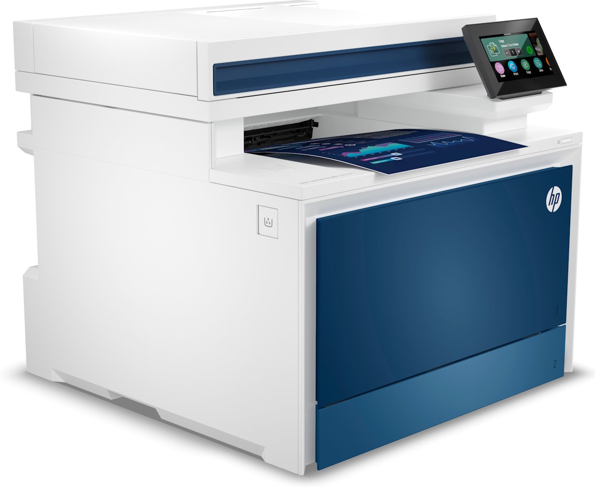 HP Color LaserJet Pro MFP 4302 Multifunktions-Farblaserdrucker in Frontansicht, blau-weißes Gehäuse mit 4,3-Zoll-Touchdisplay und ADF-Einzug