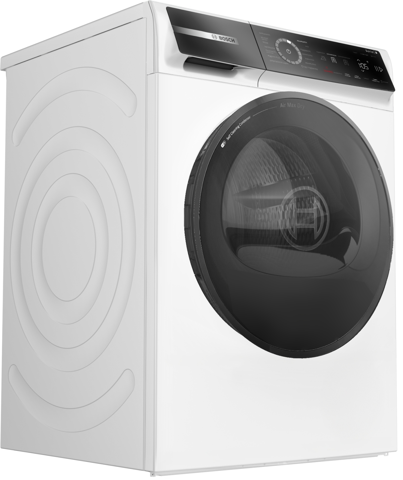 Schräge Seitenansicht des Bosch Wärmepumpentrockners WRB247C40 auf weißem Hintergrund.