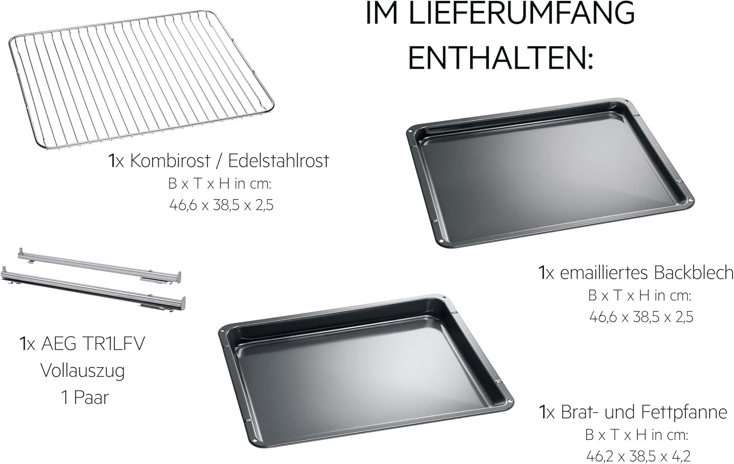 Overview of oven accessories including rack, trays, and telescopic runners