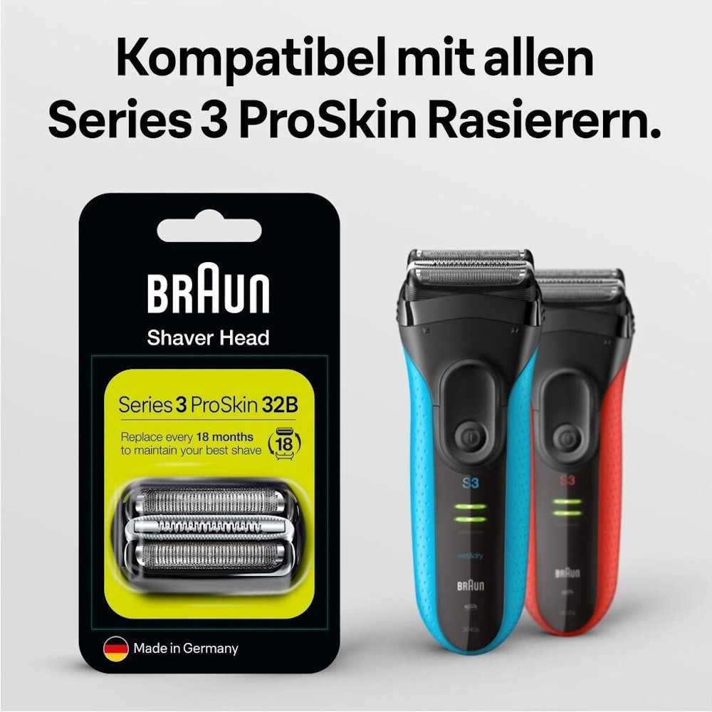 Originalverpackung des Braun Series 3 ProSkin 32B Scherkopfs in Schwarz.