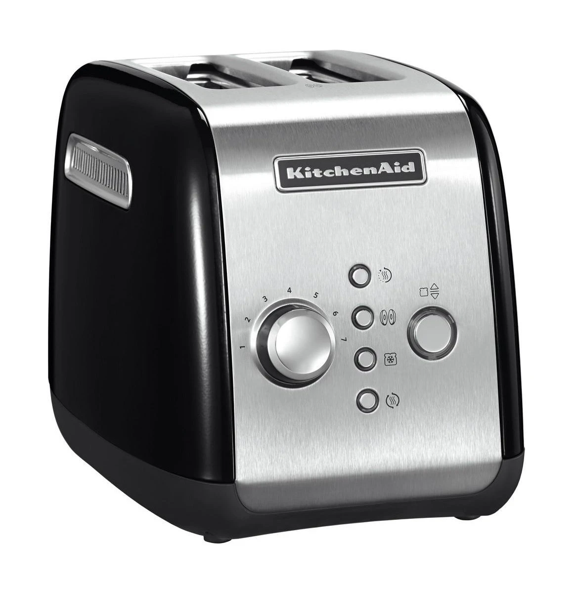 Frontansicht des KitchenAid Toasters 5KMT221EOB ohne Brötchenaufsatz, zeigt die klare Linienführung und das elegante Design.