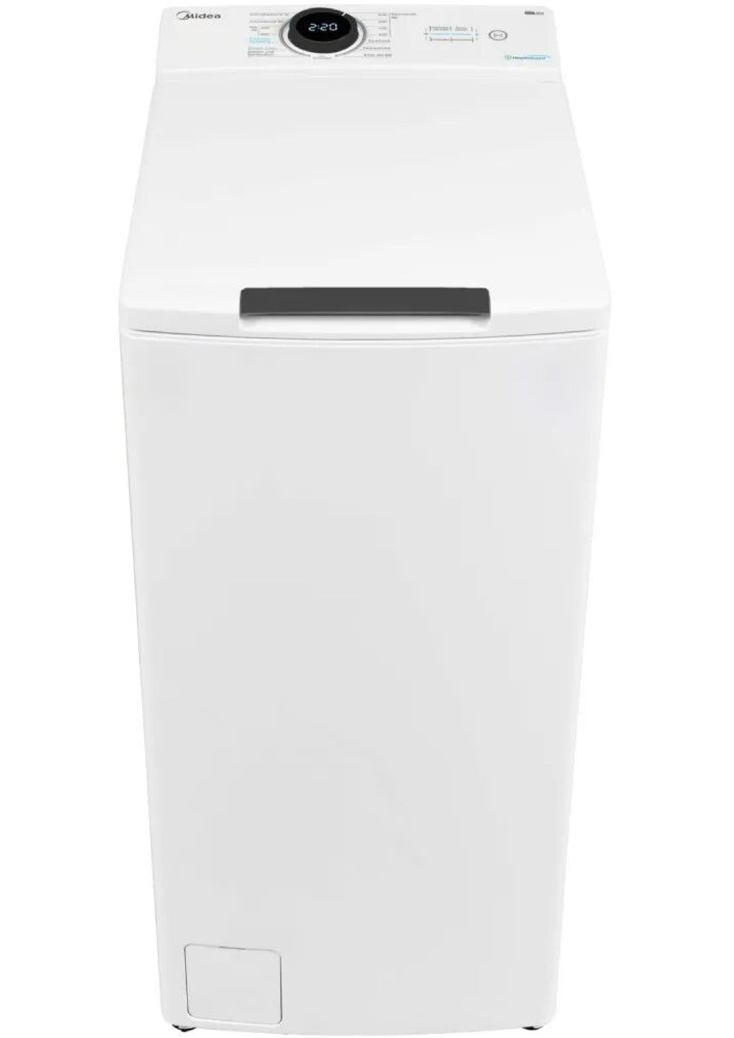 Weiße Midea MF100T80B-13A Toplader Waschmaschine in der Frontansicht mit geschlossenem Deckel