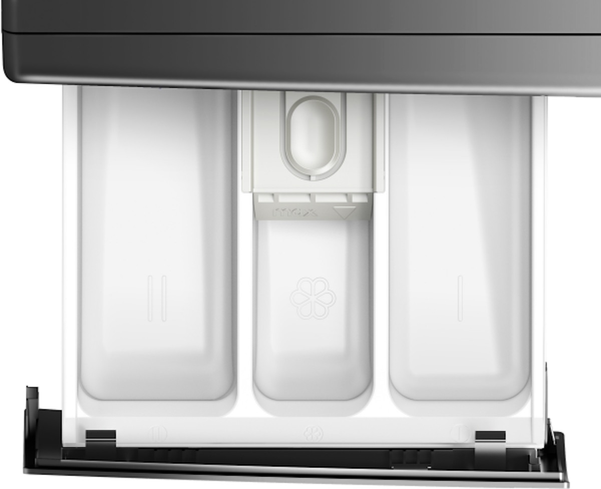 Detailaufnahme der geöffneten, leicht zu reinigenden Waschmittelschublade für Pulver- und Flüssigwaschmittel.