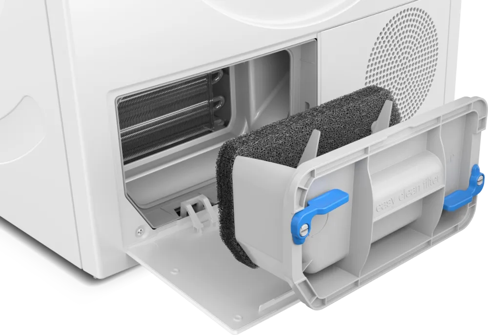 Der entnommene EasyClean Filter und der dahinter liegende Wärmetauscher des Siemens WT43HV03 Trockners