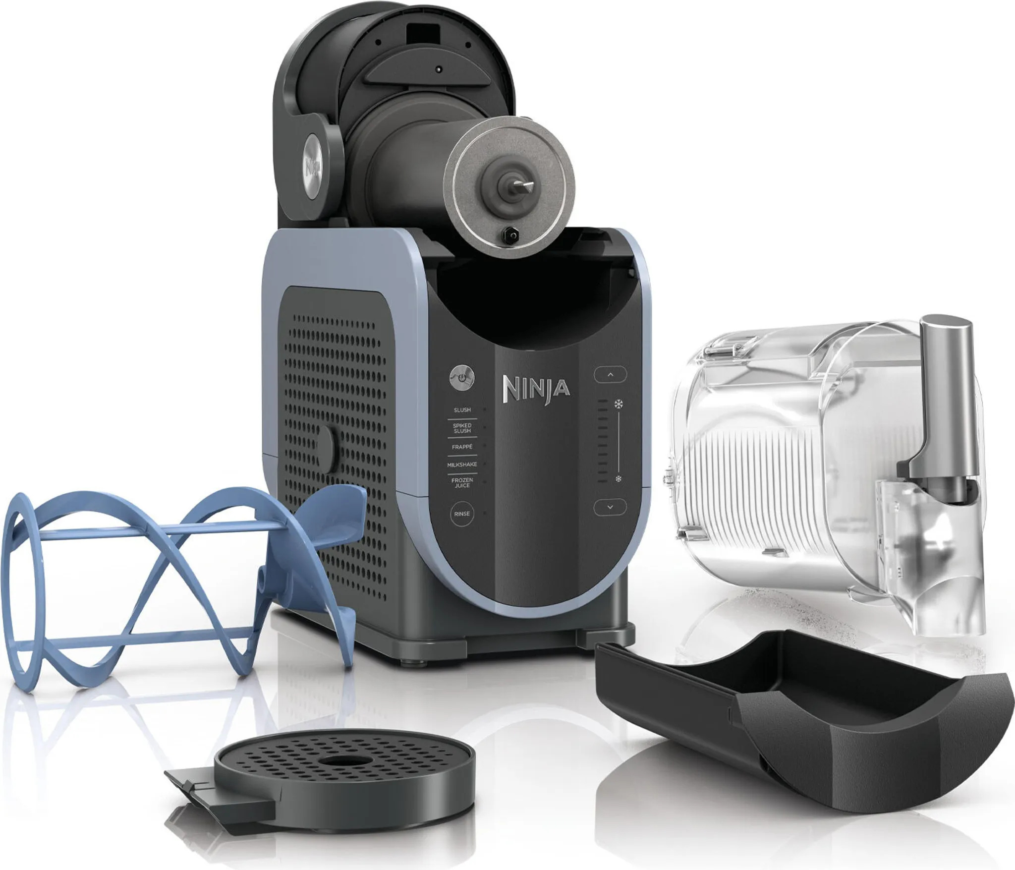 NINJA SLUSHi FS301EU Maschine, Mixbehälter, Schneebesen und Abtropfschale zerlegt