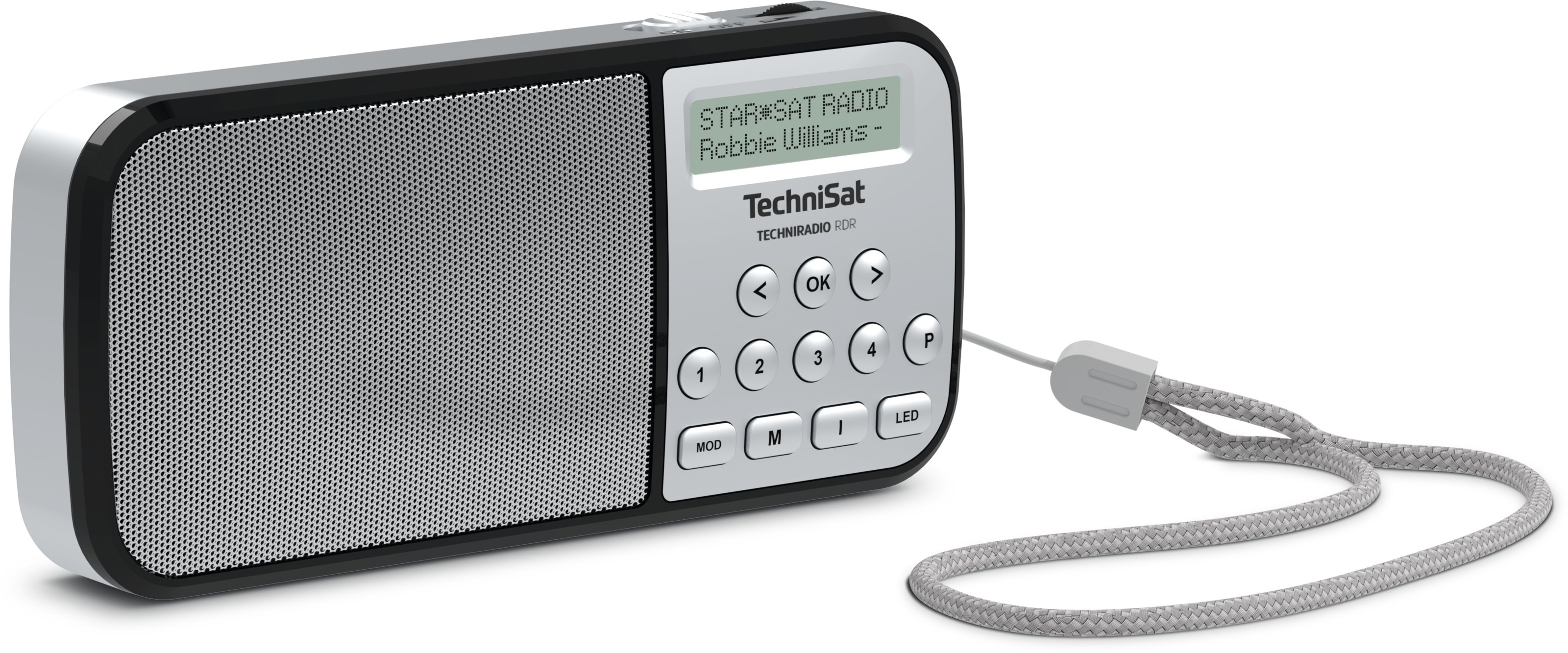 Seitenansicht des kompakten TechniSat RDR Digitalradios in Silber ohne sichtbare Anschlüsse.