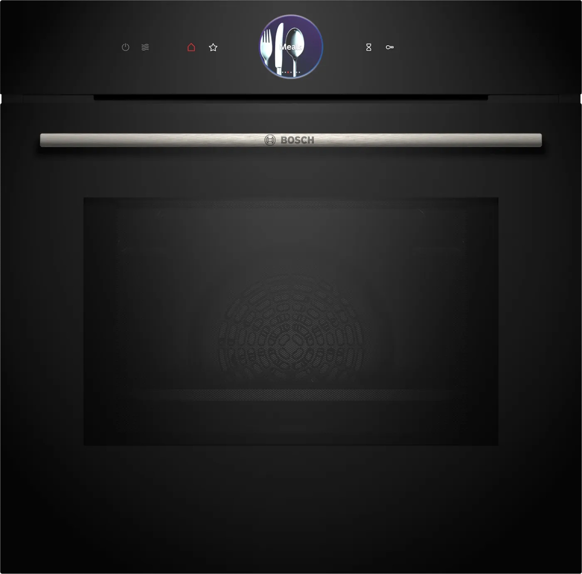 Bosch HMG776NB1 Einbau-Backofen mit Mikrowellenfunktion, Serie 8, 67 Liter, Farbe Schwarz, digitaler Bedienring, geschlossene Tür, Frontansicht