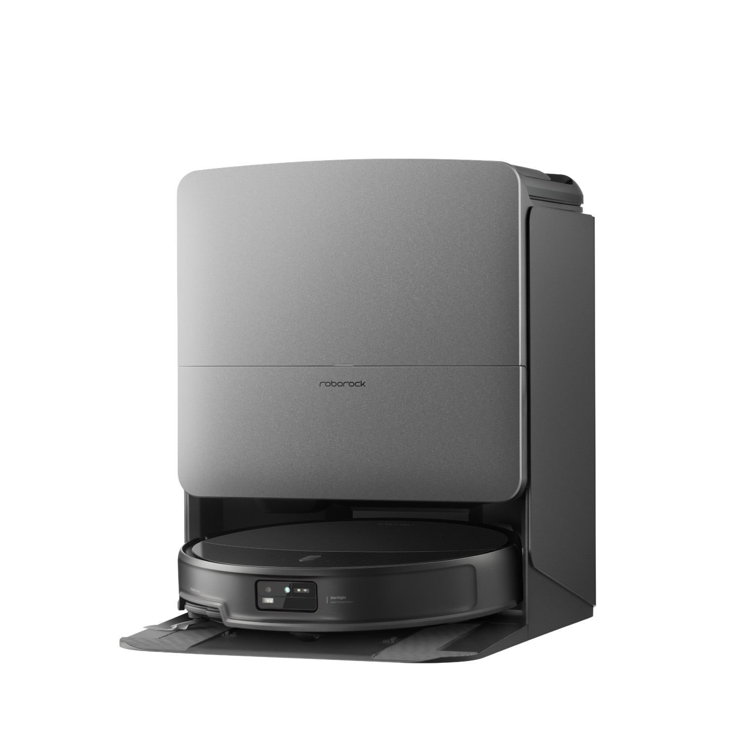 Roborock Saros 20X Black Saug-Wisch-Robotersystem in der dunklen Multifunktions-Dockingstation.