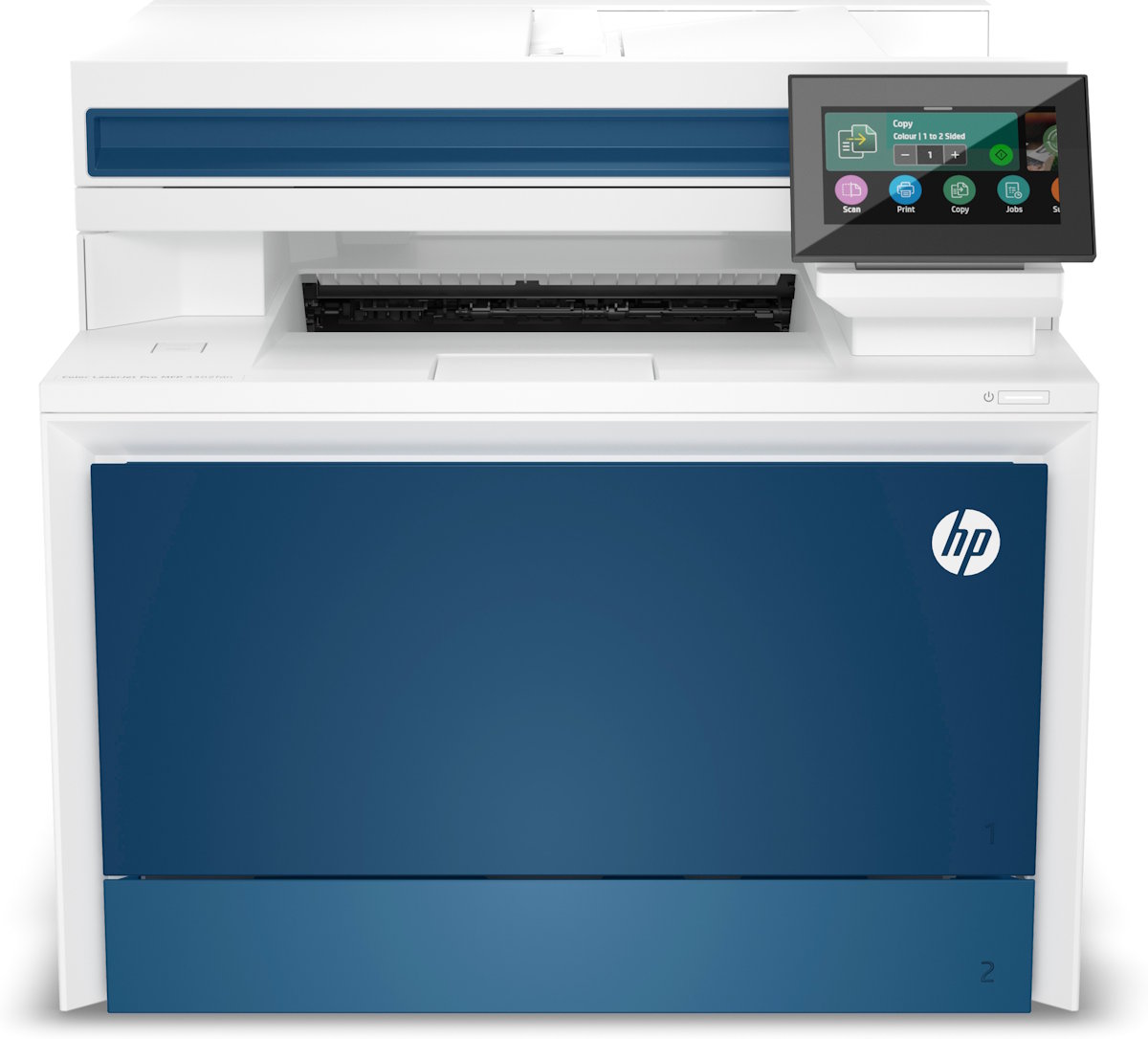 HP Color LaserJet Pro MFP 4302 Vorderansicht mit geöffnetem Mehrzweckfach (50 Blatt) und Hauptpapierfach (250 Blatt), Gesamtkapazität 300 Blatt