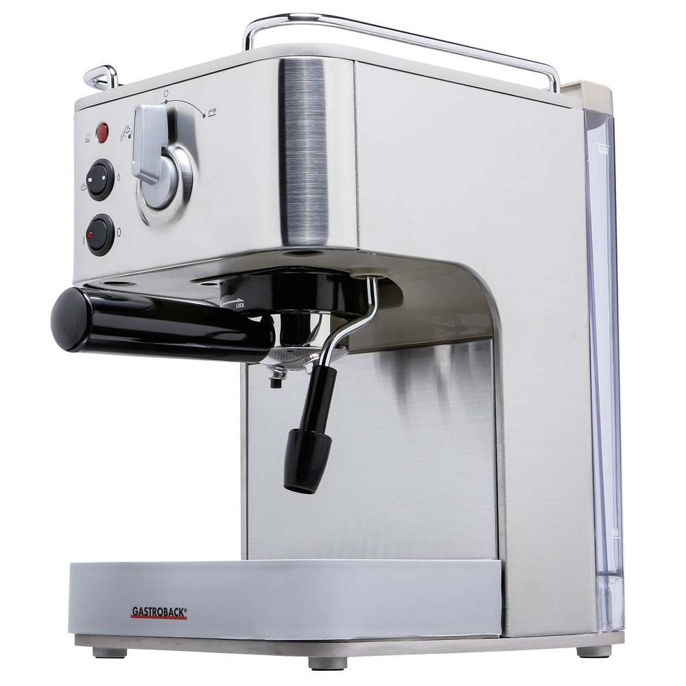 Gastroback Design Espresso Plus, Siebträgermaschine, Seitenansicht Gastroback Design Espresso Plus Siebträgermaschine aus Edelstahl, seitliche Ansicht, mit Siebträger und Dampfdüse.