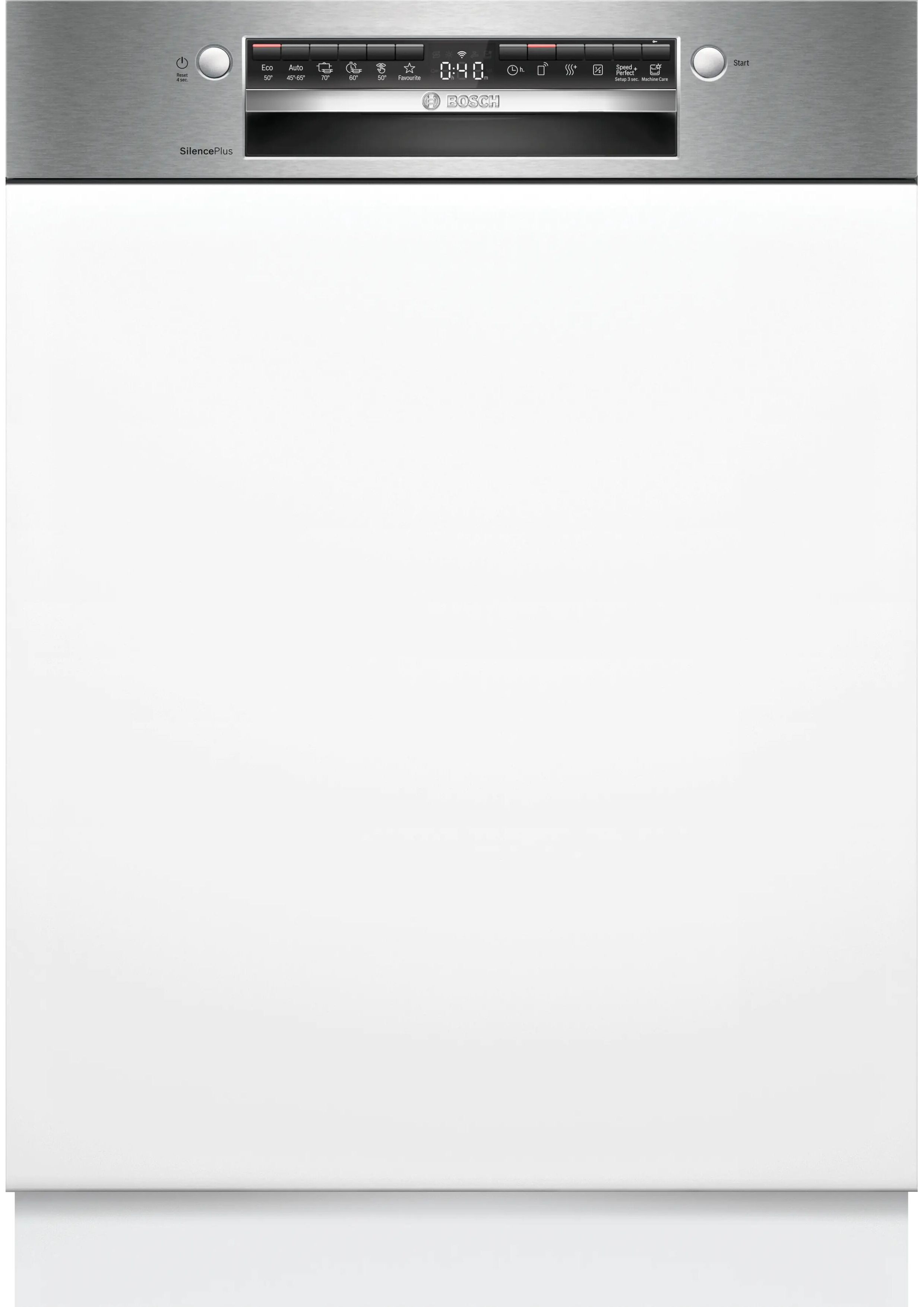 Bosch SMI4EAS28E teilintegrierter Geschirrspüler in Frontansicht mit weißer Blende und Edelstahl-Bedienfeld